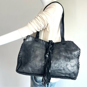 CARLA MANCINI Black Leather Silver Sparkle Shimmer  Tassel Tie Shoulder Bag Tote